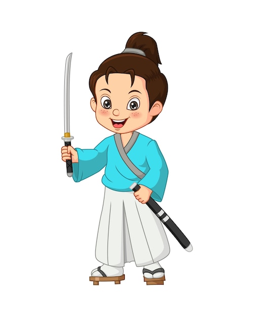 Menino samurai japonês de desenho animado com espada