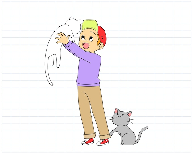 Menino se divertindo com ilustração de personagem de desenho animado de gato design plano feliz dia das crianças