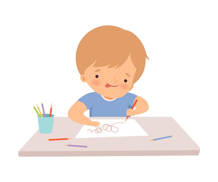 Vetor menino sentado na mesa e desenhando com lápis bonito jovem artista personagem de desenho animado crianças