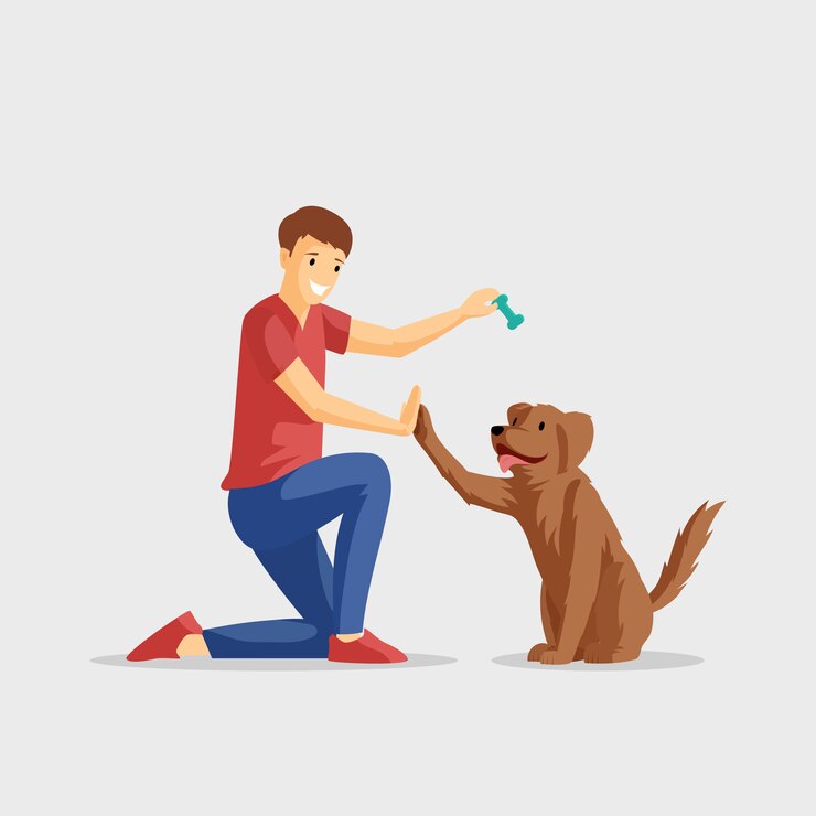 Vetor menino sorridente com ilustração plana de estimação. cara e amigo de quatro patas tocando juntos. emoções positivas, amizade, jovem personagem de desenho animado de treinamento animal isolado no branco