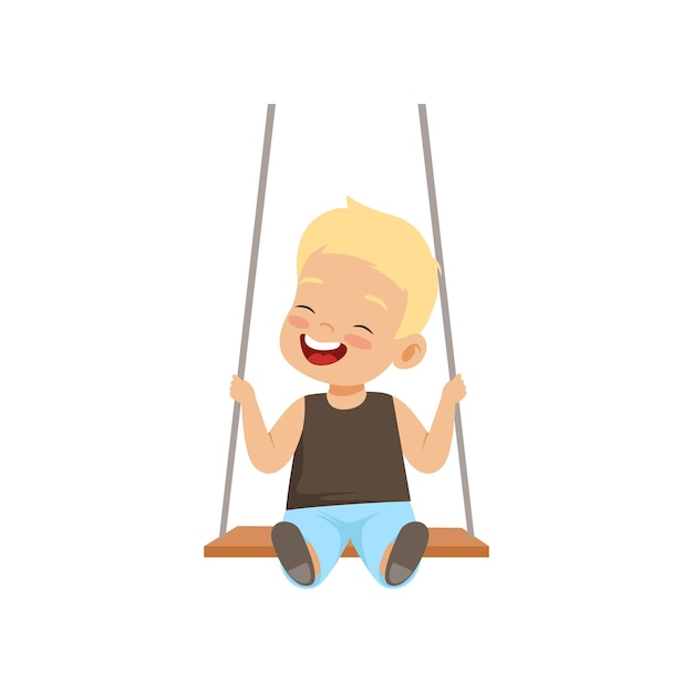 Menino sorridente feliz balançando em um balanço de corda criança se divertindo em um vetor de balanço ilustração isolada em um fundo branco
