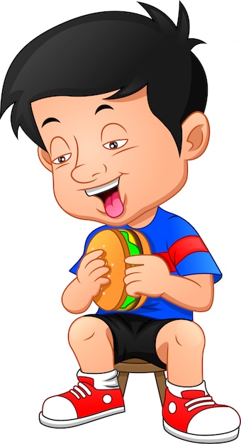 Vetor menino sorrindo e pronto para comer um hambúrguer grande