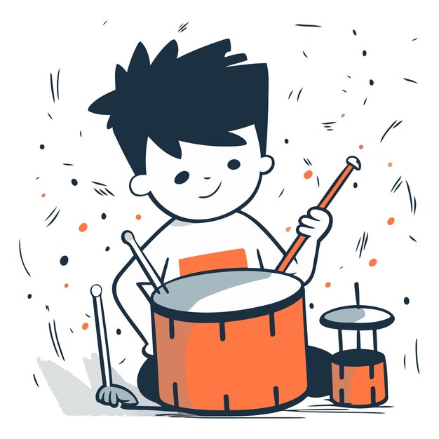 Vetor menino tocando bateria em estilo doodle em fundo branco