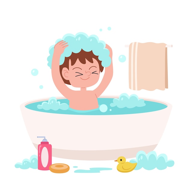 Menino tomando banho em banheira imagem de desenho animado