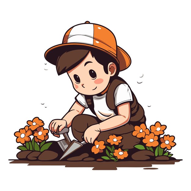 Vetor menino trabalhando no jardim plantando flores ilustração vetorial de desenho animado