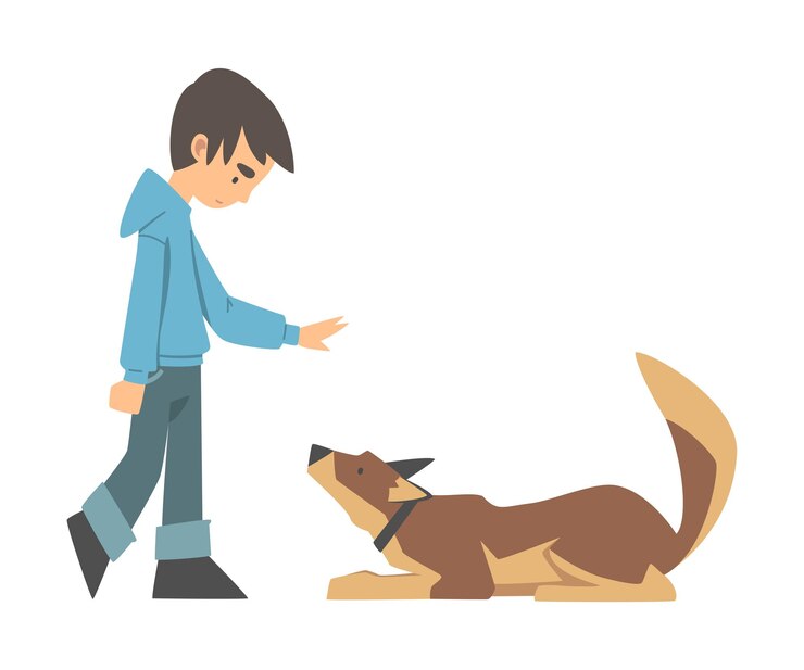 Vetor menino treina seu cão ensinando-lhe a ilustração de vetor de comando