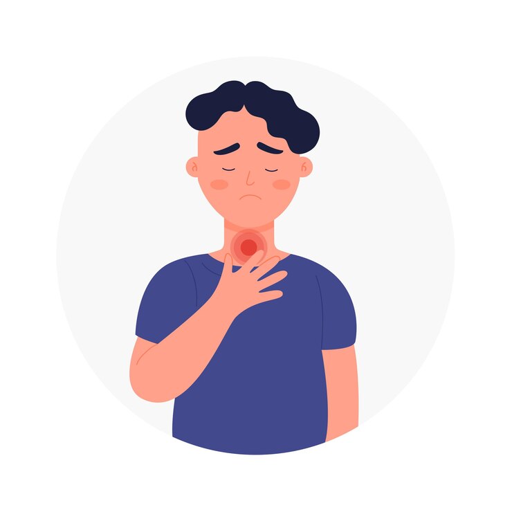 Vetor menino triste com forte inflamação e dor de garganta