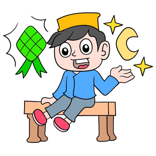 Menino usando um boné para dar as boas-vindas ao ramadã muçulmano, arte de ilustração vetorial. imagem de ícone do doodle kawaii.