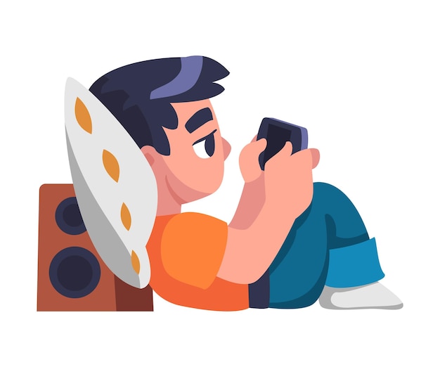 Menino viciado em gadgets deitado no travesseiro e jogando videogame com ilustração vetorial de console