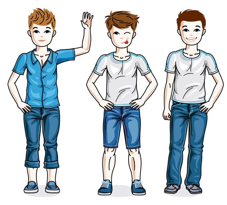 Vetor meninos bonitos crianças em pé vestindo diferentes roupas casuais. conjunto de ilustrações vetoriais de crianças.