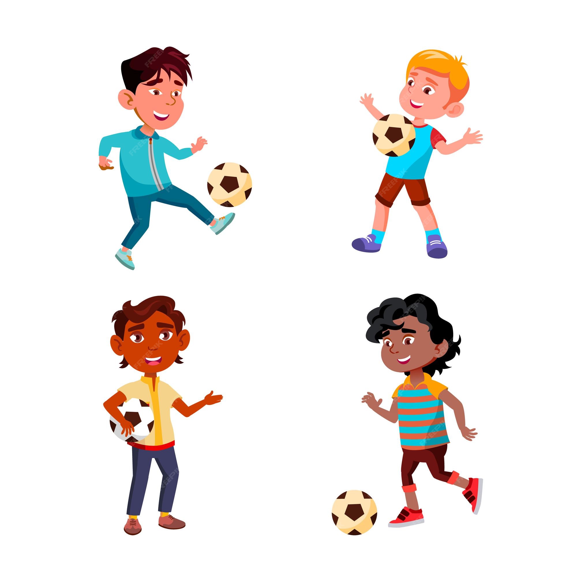 Meninos crianças jogando futebol, esporte, jogo, conjunto de