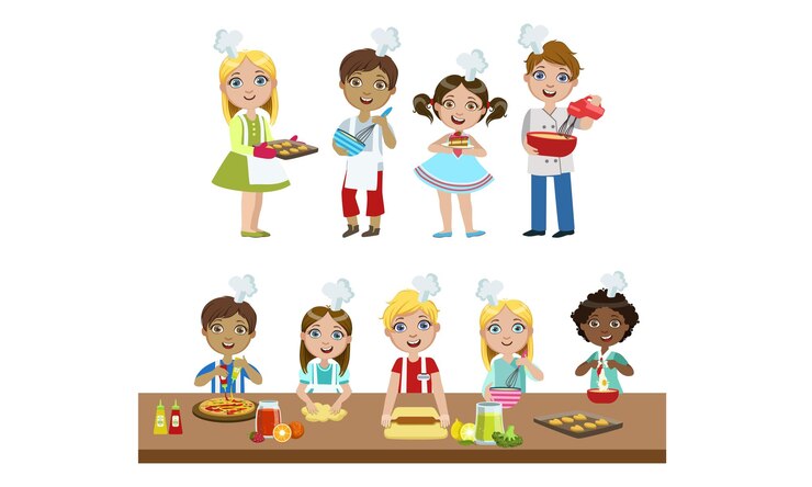 Vetor meninos e meninas bonitos em uniformes cozinhando em um conjunto de cozinha crianças cozinhando vários pratos usando utensílios ilustração vetorial