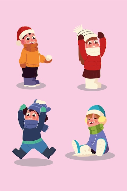 Meninos e meninas da temporada de inverno com roupas quentes e desenho de bola de neve