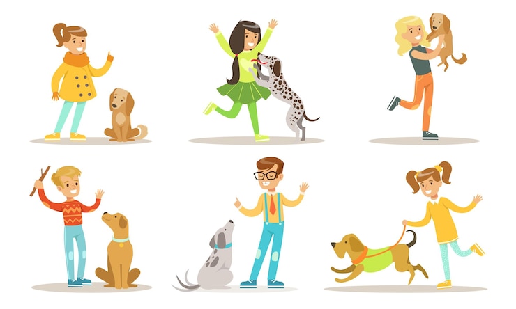 Vetor meninos e meninas felizes brincando e se divertindo com seus cães de estimação