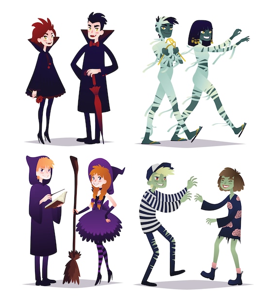 Vetor meninos e meninas no estilo de diferentes personagens do halloween. casais jovens em fantasias de vampiros, múmias, bruxos, zumbis. ilustração em estilo cartoon sobre fundo branco. conjunto. festa.