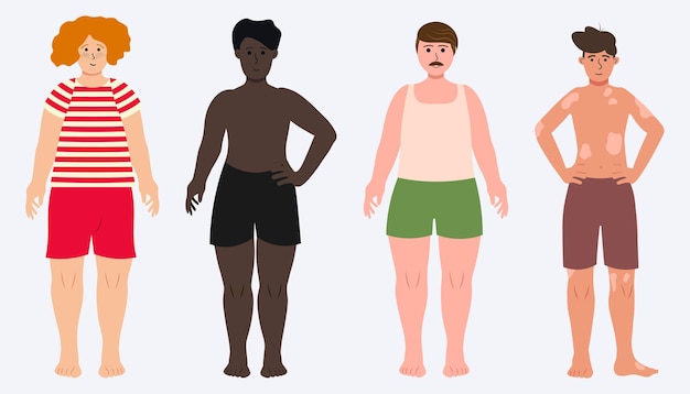 Meninos em suítes com pele preta vitiligo plus size formas ilustração vetorial em estilo simples