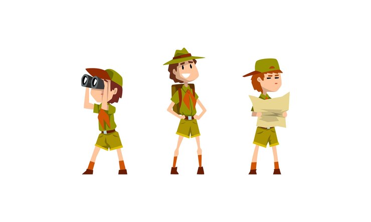 Vetor meninos escoteiros vestindo uniforme khaki olhando binóculos examinando ilustração vetorial de mapa