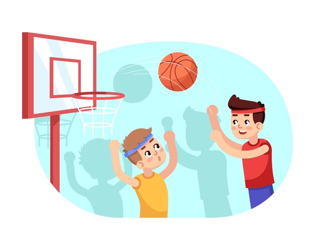 Meninos jogando basquete ilustração vetorial plana. seção de esportes para crianças. treinamento avançado em jogo de equipe para crianças em idade escolar. após as atividades escolares. personagens de desenhos animados de concurso atlético infantil