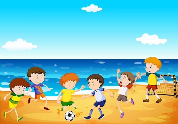 Vetor meninos jogando futebol na praia