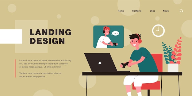 Meninos jogando ilustração em vetor plana de jogo de rede. Crianças se divertindo em fones de ouvido com controladores na frente de laptops. Jogo de computador, amizade, diversão, conceito de hobby para design, página de destino
