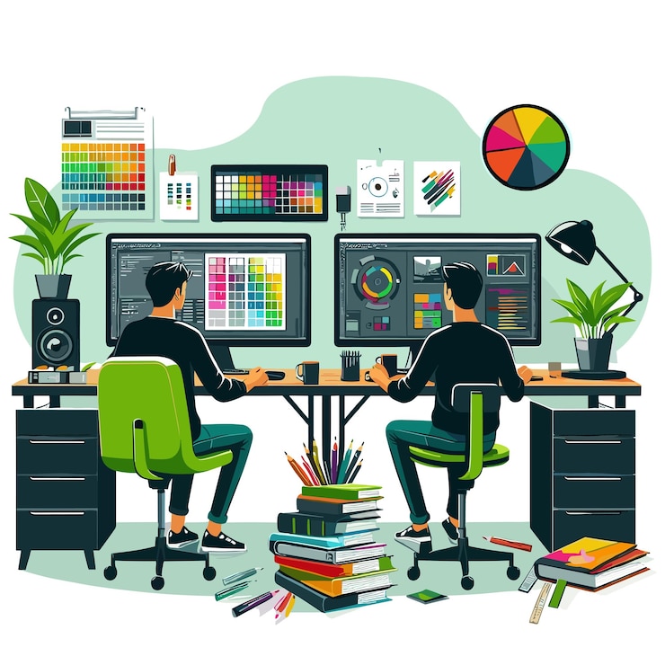 Vetor meninos vetores trabalhando e projetando em software de computador ilustração de casa