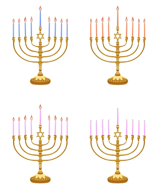 Vetor menora dourada de hanukkah com ilustração de velas queimadas em fundo branco com padrão plano vetorial