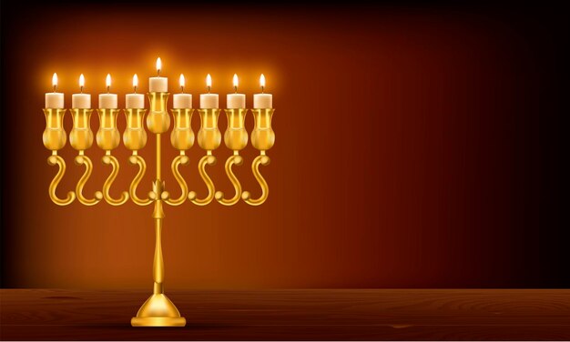 Menorah dourada 3D detalhada realista com vetor de vela ardente