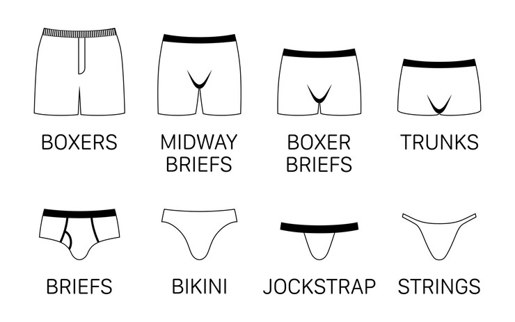 Vetor mens diferentes tipos de calças de cueca branca contorno ícones vetoriais isolados em fundo branco