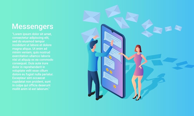 Vetor mensageiros as pessoas enviam e-mails umas para as outras usando um smartphone