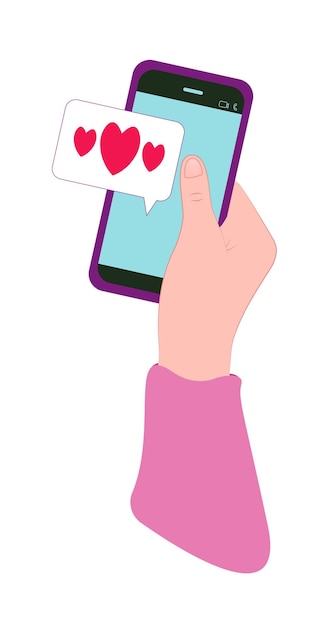 Mensagem de amor Mão segurando um telefone celular com uma imagem de coração vermelho Conceito de design do dia dos namorados