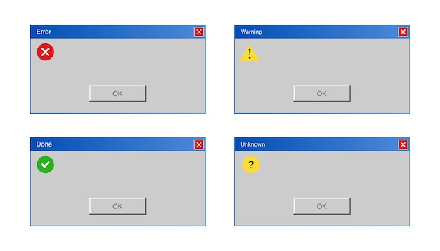 Vetor mensagem de erro. janela de notificação em estilo retro. mensagem de advertência no design antigo. janela popup