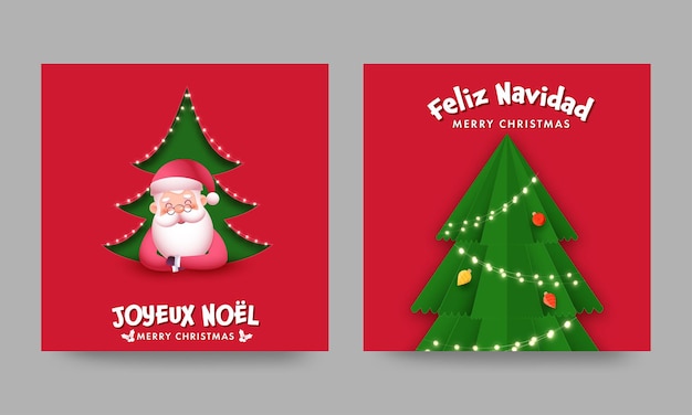 Mensagens de mídia social de feliz natal com papai noel fofo e árvore de natal decorativa em duas opções.