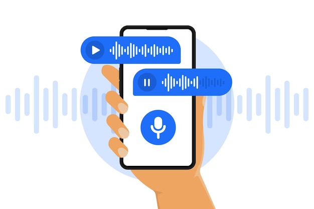 Vetor mensagens de voz e áudio smartphone com mensagens de voz na tela a mão humana segura o smartphone com botão de microfone na tela e bolhas de mensagens de voz bate-papo online ilustração em vetor