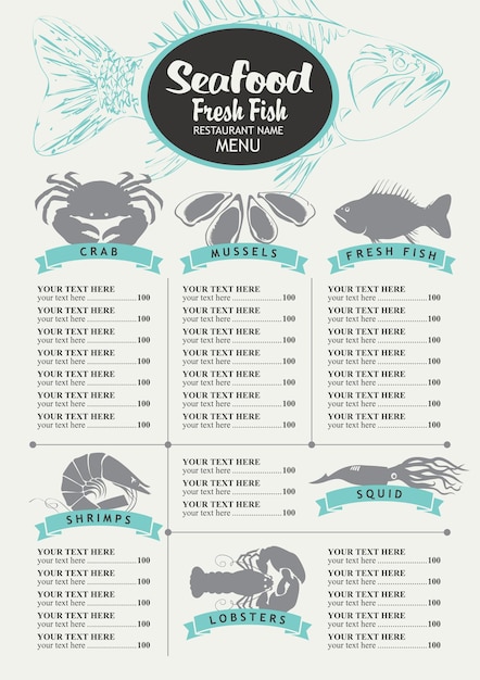 Menu com preços para restaurante de frutos do mar