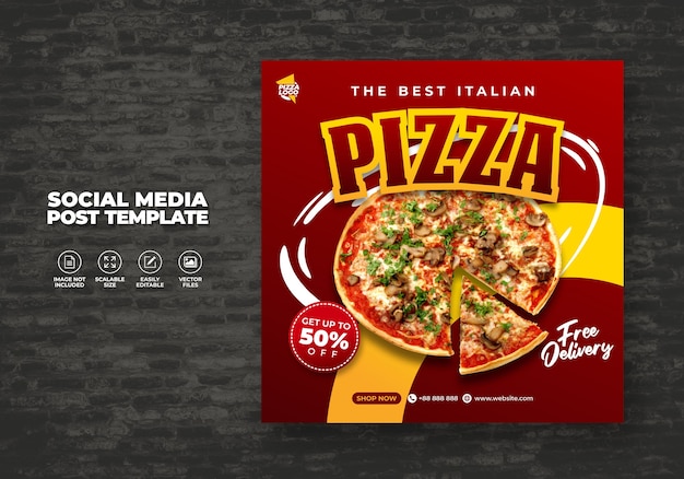 Menu de alimentos e delicioso restaurante de pizza para mídias sociais modelo de vetor