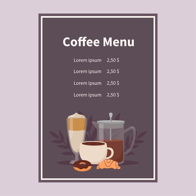 Vetor menu de café ilustração vetorial para cafeterias e cafés