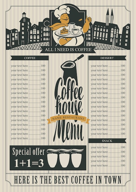 Menu de cafeteria para uma lista de preços