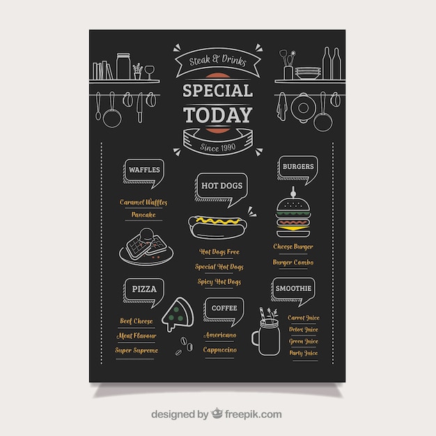 Vetor menu de caminhão de comida elegante no quadro-negro