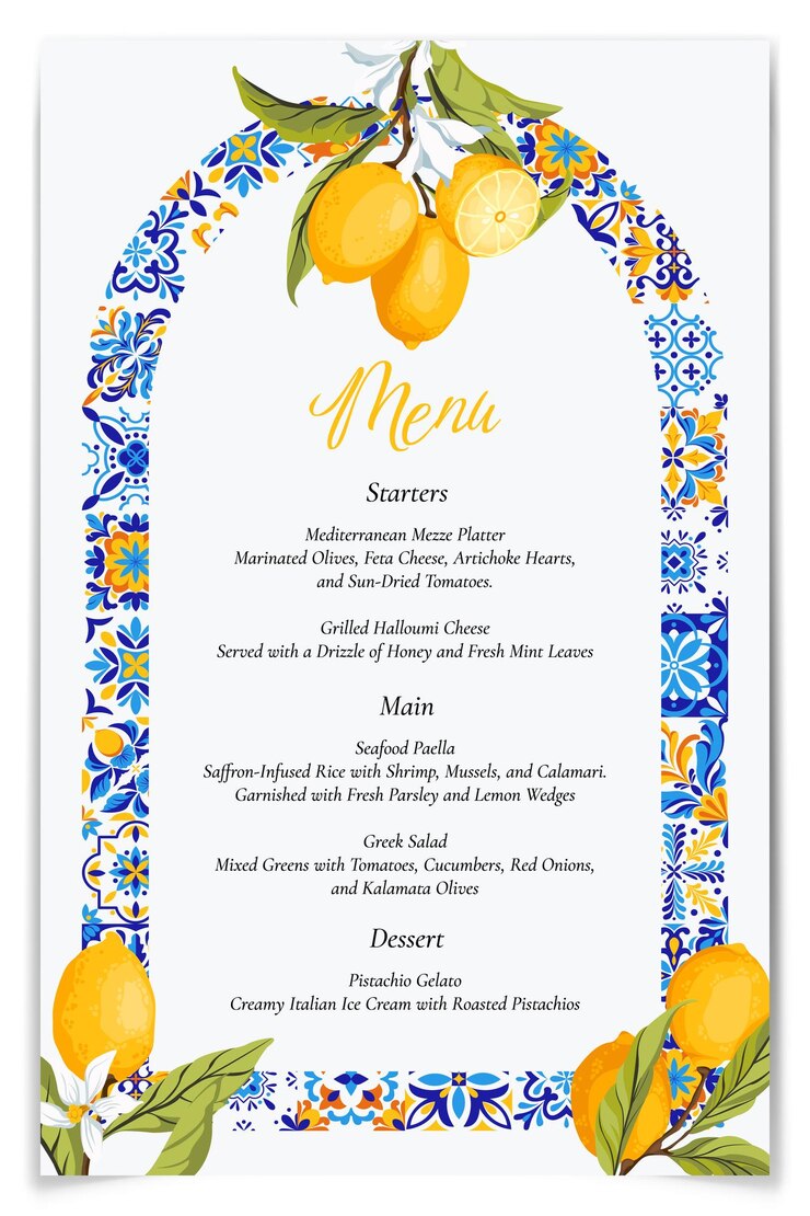 Vetor menu de cartões de casamento de verão de azulejos azuis e limões