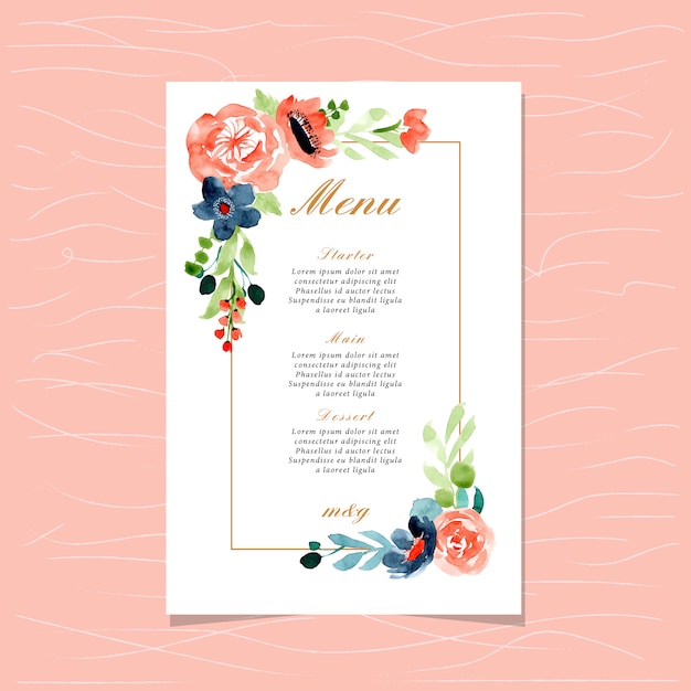 Menu de casamento com moldura de aquarela floral azul pêssego