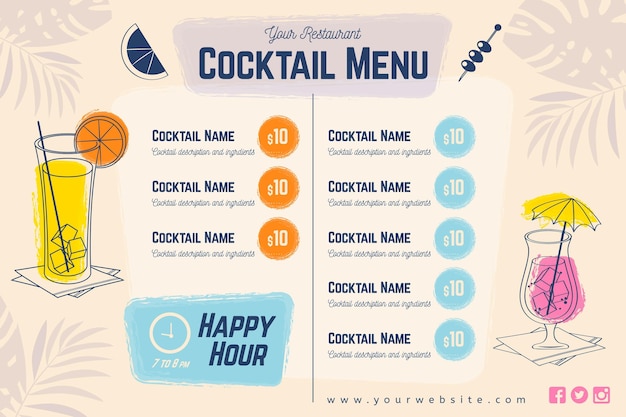 Vetor menu de cocktails com óculos e guarda-chuvas