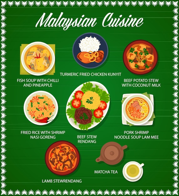 Vetor menu de comida da culinária malaia pratos asiáticos refeições