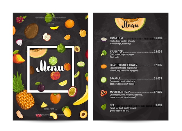 Menu de comida de café vegano