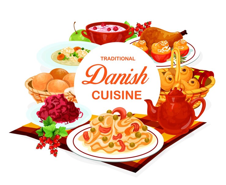 Vetor menu de comida de cozinha dinamarquesa pratos tradicionais refeições