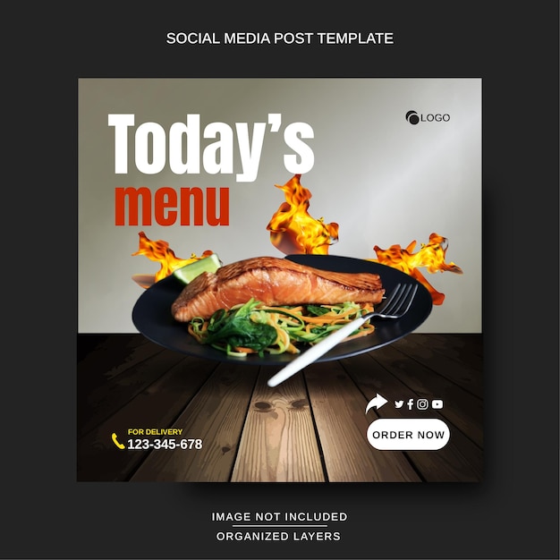 Vetor menu de comida de postagem de mídia social para restaurante