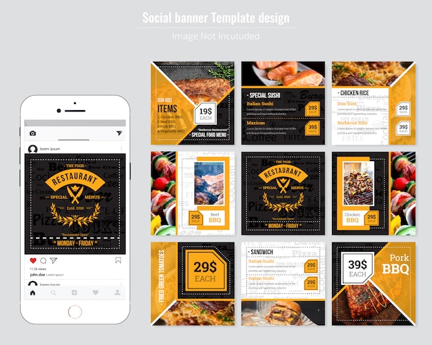 Vetor menu de comida de restaurante modelo de mídia social