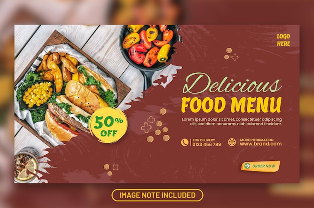 Menu de comida deliciosa e modelo de promoção de banner