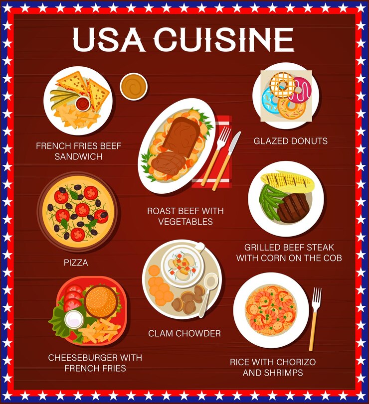 Vetor menu de comida dos eua pratos e refeições da culinária americana