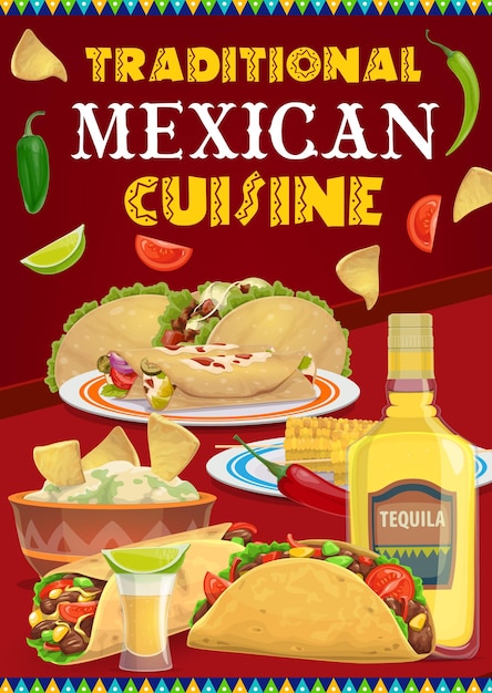 Menu de comida e bebida da culinária mexicana da festa fiesta do feriado de viva méxico. tacos, burritos e nachos com pimenta malagueta, tomate e abacate guacamole, tequila, limão e espigas de milho grelhadas