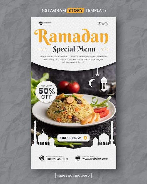 Menu de comida especial do ramadã e modelo de postagem de história social de mídia de restaurante